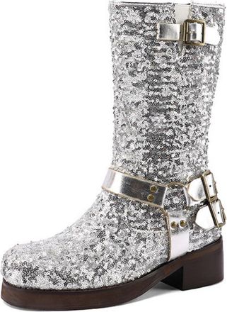 Generic Womens Pull on Wide-Calf Cowboy Boots Round Toe Glitter Mid-Calf Boots Block Heel Platform Party Prom Shoes,Silver,4.5 UK