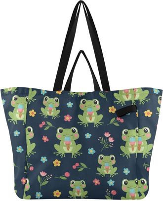 Generic Frog Flower Blue print Reusable Canvas Tote Bag, Heavy Duty Grocery Shopping Bag with Large Capacity Hard Bottom Double Handles Work Groceries Travel