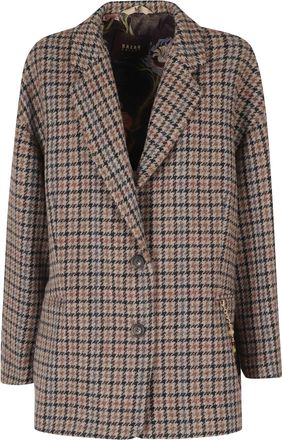 Bazar Deluxe Taupe Wool Coat with Classic Collar and Check Pattern