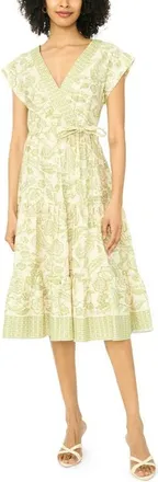 Vince Camuto Print Tie Waist Midi Dress in Sage at Nordstrom, Size Xx-Small