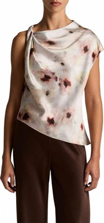 Vince Watercolor Floral Satin Twist-Shoulder Top In Soft Peony