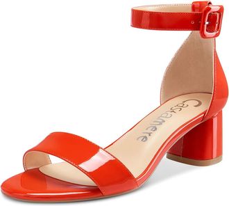 Castamere Womens Ankle-Strap Peep-Toe Sandals Block Heels Court Shoes 2IN Heel Orange Patent Pumps UK 6