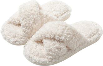 Generic Womens Fashion Cross Strap Cozy Plush Slippers Winter Indoor Soft Warm Lining Cotton Shoes White,Size 5-5.5 UK