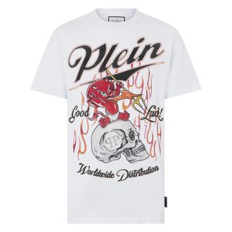 Philipp Plein Tops, Heren, Wit, 4Xl, Katoen, Rondhals T-shirt Little Devil Crystal