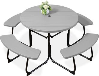 Best Choice Products 8-Person Circular Outdoor Picnic Table w/ 4 Benches, Umbrella Hole, 2000lb Capacity