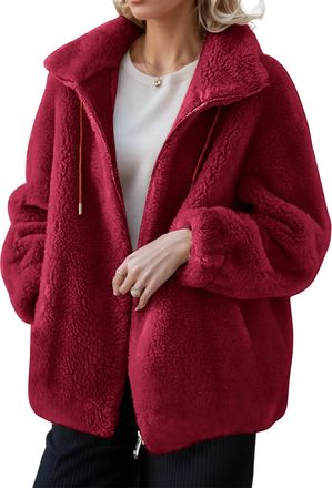 Generic Womens Fuzzy Teddy Jacket Full Zip, Oversized Fleece Hoodie with Pockets, Fluffy Winter Jumper Coat for Women, Warm Casual Sherpa Zip Jacket, Soft Fle
