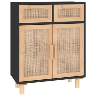 Berkfield Home Sideboard Black 60x30x75 cm Solid Wood Pine & Natural Rattan | Size: 60 x 30 x 75 cm