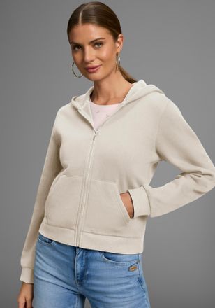 DELMAO Kapuzensweatjacke DELMAO, Damen, Gr. 40/42, beige, Sweatware, Obermaterial: 60% Baumwolle, 40% Polyester. B&uuml;ndchen: 95% Baumwolle, 5% Elasthan, unifar