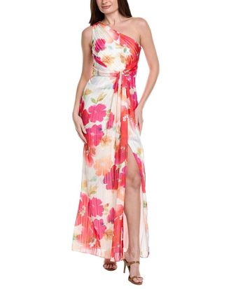 Adrianna Papell One-Shoulder Watercolor Floral Stripe Gown