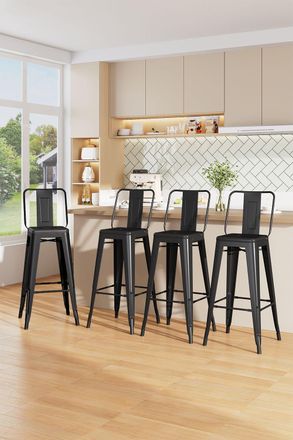 Living and Home 4Pcs Industrial Style Iron High Chair Gloss Black Metal Frame Bar Stool