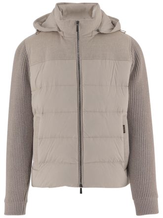 Moorer Padded Beige Jacket with Knitted Sleeves and Attached Hood