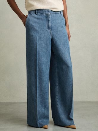 Reiss Mid Blue Petite Denim-look Wide-leg Trousers, 14