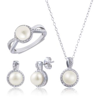 MAX + STONE 925 Sterling Silver Diamond, Freshwater Pearl Earrings & Pendant Necklace Set