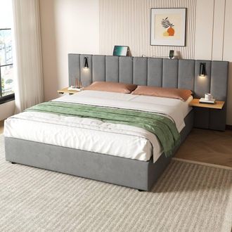 Merax Upholstered Hydraulic Storage Bed with Reading Light & Bedside Table in Grey | Size: Super King