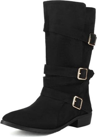 Generic Womens Pointed Toe Low Heels Western Cowgirl Boots Mid Calf Pull On with Buckle Straps Winter Casual Dress Shoes (Black,5.5)