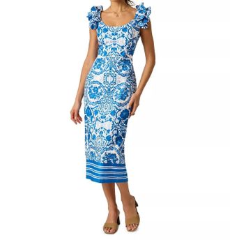 Adrianna Papell Floral Print Column Midi Dress In Blue / White