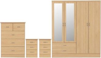 Seconique Nevada 4 Door 2 Drawer Mirrored Wardrobe Bedroom Set - Sonoma Oak Effect