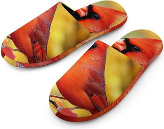 Generic Cardinal Cute Bird Flannel Mens Slip-on Slippers Winter Warm House Shoes with Rubber Sole for Home Hotel