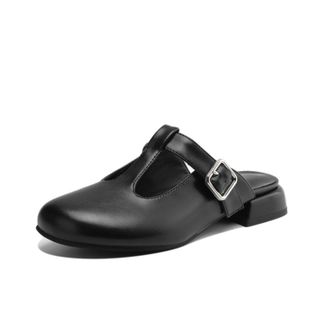 Generic Women Round Toe T Strap Mules Adjustable Buckle Strap Open Heel Low Block Heel Smooth Upper Non Slip Sole Comfortable Fit Multiple Color Options Fashi