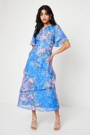 Oasis Womens Petite Double Frill Satin Burnout Midi Dress - Navy - Size 10 UK