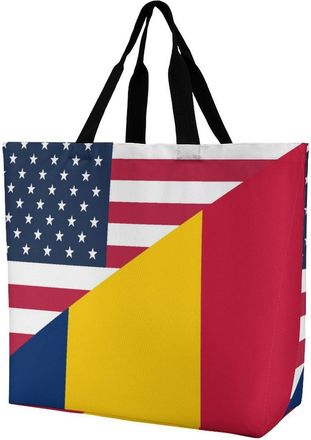 Generic U.S. And Chad Flag Reusable Shopping Bags Large Capacity Grocery Bag Heavy Duty Tote for Women 40x40x16cm