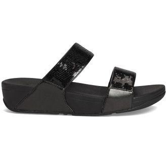 FitFlop Lulu Sequin Slides Polyurethane Womens Slip On Sandals - All Black - Size:UK 5.5