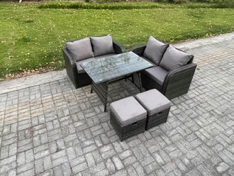 Fimous Outdoor Garden Furniture Sets 5 Pieces Wicker Rattan Furniture Sofa Set with Rectangular Dining Table in Dark Grey
