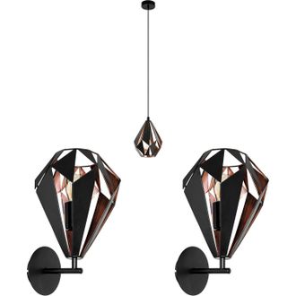 Loops Ceiling Pendant Light & 2x Matching Wall Lights Black & Copper Geometric Shade