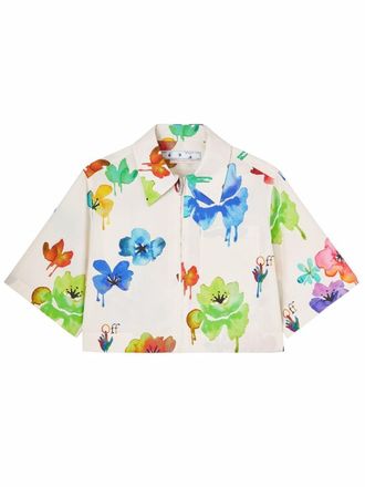 Off-white watercolour floral-print short-sleeved shirt - women - Cotton - 38