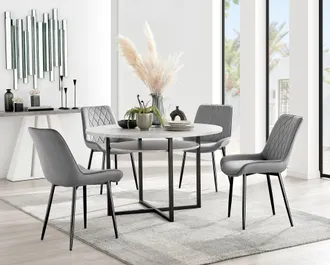 Furniturebox Adley Grey Concrete Effect & Black Round Dining Table with Shelf & 4 Velvet Pesaro Dining Chairs