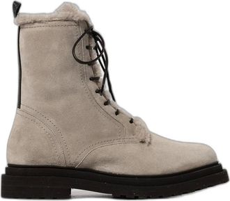 Brunello Cucinelli Su&egrave;de laars met lamsvachtvoering en glanzende lusdetails - Dames - Schoenen - Beige - Maat: 41 EU Su&egrave;de