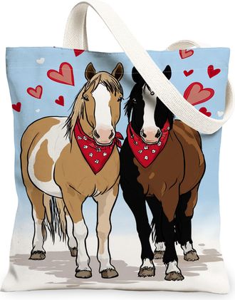 Generic Horse Love Canvas Tote Bags, Animal Heart Pattern Grocery Bags, Spring Vintage Lightweight Washable Shoulder Strap Canvas F, Blue, 13x15 Inch