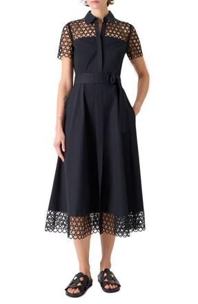Akris Belted Circle Lace & Poplin Shirtdress in Black at Nordstrom, Size 12