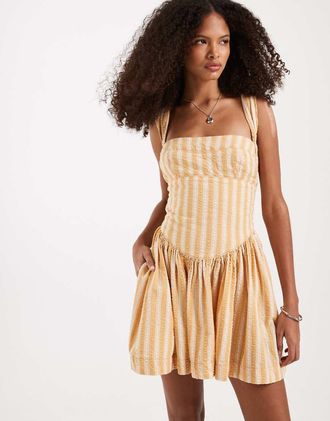 Free People Laurel Plaid - Vestito corto con vita scesa a righe in tonalit&agrave; neutre combo-Multicolore