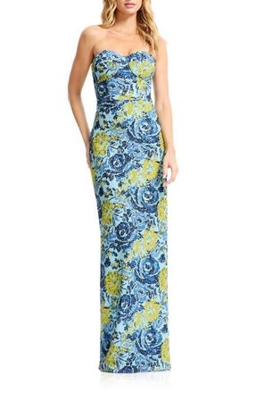 Dress The Population Vada Beaded Floral Strapless Column Gown in Sky Multi at Nordstrom, Size Xx-Large