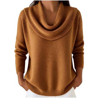 Generic Keepink Woman Jumper Long Sleeve Cowl Neck Blouse Baggy Casual Tunic Tops Plain Knit Sweater Winter Warm Woolen Blend Pullover Shirts Classic Elegant 