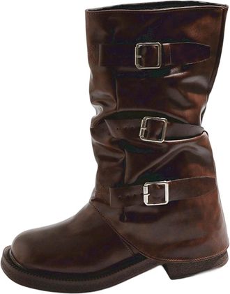 Generic Stylish Womens Mid Calf Boots with Belt Buckle and Chunky Sole Perfect for Casual Wear and Fall Winter Season Round Toe Design for Comfortable All Day