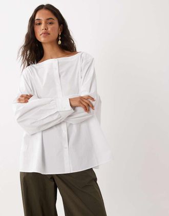 Arket blusa bianca in puro cotone con scollo a barchetta e maniche lunghe-Bianco