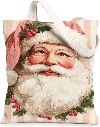 Generic Vintage Santa Canvas Tote Bags, Holiday Floral Pattern Reusable Grocery Bags, Lightweight Washable Shoulder Strap for Chris, Peach, 13x15 Inch