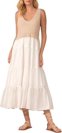 Elan Womens V-Neck Sleeveless Tiered Ruffled Hem Woven and Knit Mix Midi Dress, White Natural Combo, L