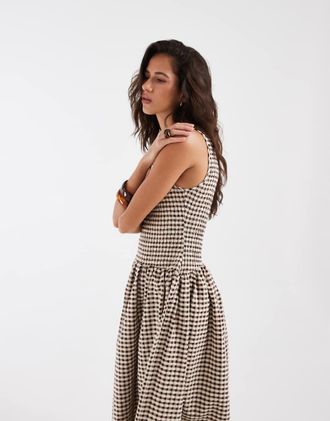 Asos vestito maxi arricciato a quadri marroni-Bianco