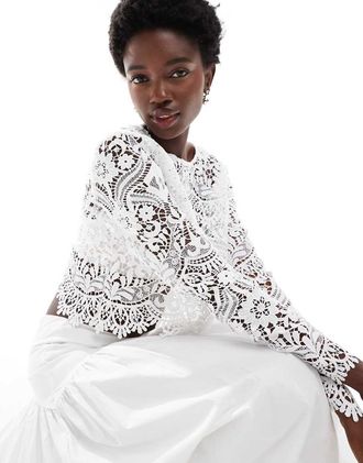 Tfnc Crop top da sposa bianco in pizzo con bordi smerlati