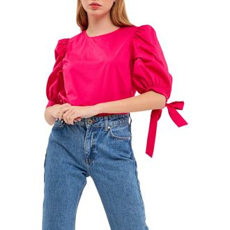 English Factory Bow Banded Puff Sleeve Blouse in Fuchsia at Nordstrom, Size X-Small