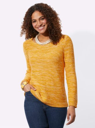 Casual Looks Rundhalspullover CASUAL LOOKS Pullover, Damen, Gr. 36, gelb (ocker, meliert), 54% Baumwolle, 46% Polyacryl, meliert, figurumspielend, Pullover Rundhal