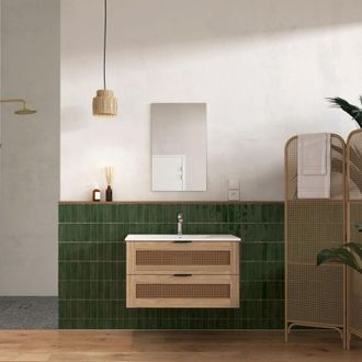 Aurlane Mueble De Ba&ntilde;o Apolline 60 Cm Madera Y Cannage - 2 Cajones, Lavabo Y Espejo