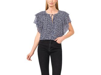 CeCe by Cynthia Steffe Printed Tie Neck Double Ruffled Sleeve Top Womens Clothing Classic Navy : SM, Polyester