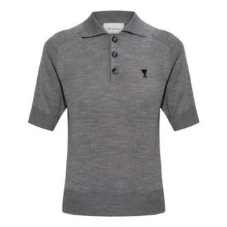 Ami (WMNS) AMI Tone-on-Tone Heart Logo Merino Knit Wool Short Sleeve Polo Grey Black FPL439-KN0039-0504