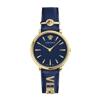 Versace V Circle Blauw/Goud Leren Horloge - Dames - Horloges - Blauw - ONE Size - Accessoires