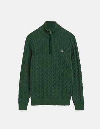 GANT Mens Cotton Cable Half Zip Fleece - Green - Size: 38