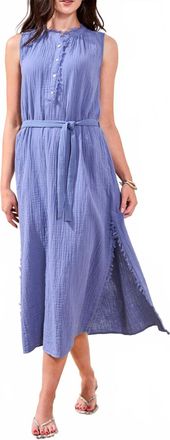 Tribal Crinkle Gauze Button-Front Belted Midi Dress In Seahaven